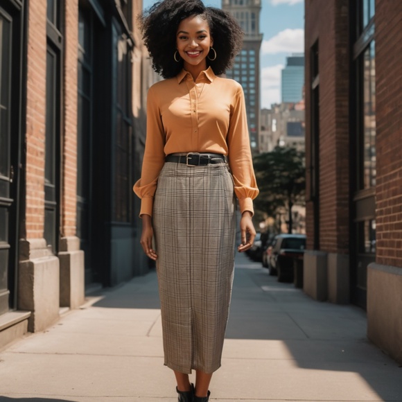 80s CALIVIN KLEIN TAN & BLACK CLASSIC MAXI PLAID PENCIL SKIRT W FRONT SLIT SZ 12 - Picture 1 of 7